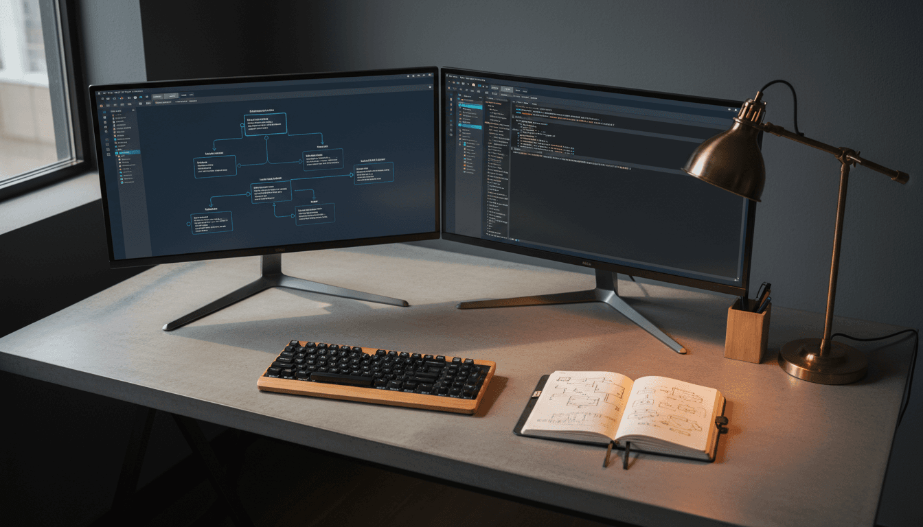 Developer workspace with code and infrastructure dashboards